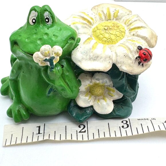 Vtg Whimsical Frog Flowers Ladybug Figurine Hermitage Pottery Hand Painted Green - Picture 5 of 12